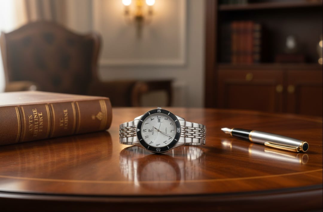 Arabic Dial Men's Watch With Silver Chain Strap and Date Function