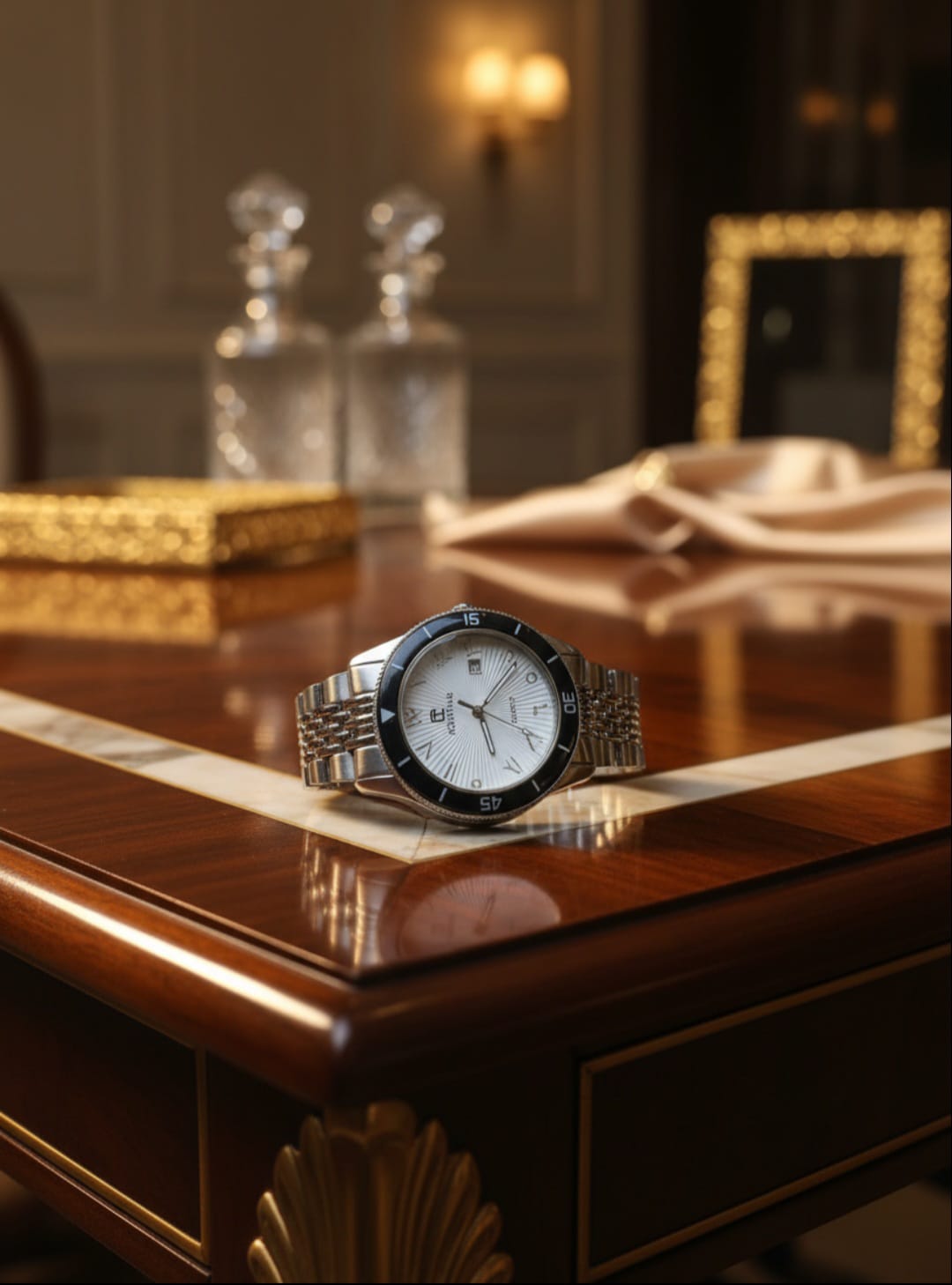 Arabic Dial Men's Watch With Silver Chain Strap and Date Function